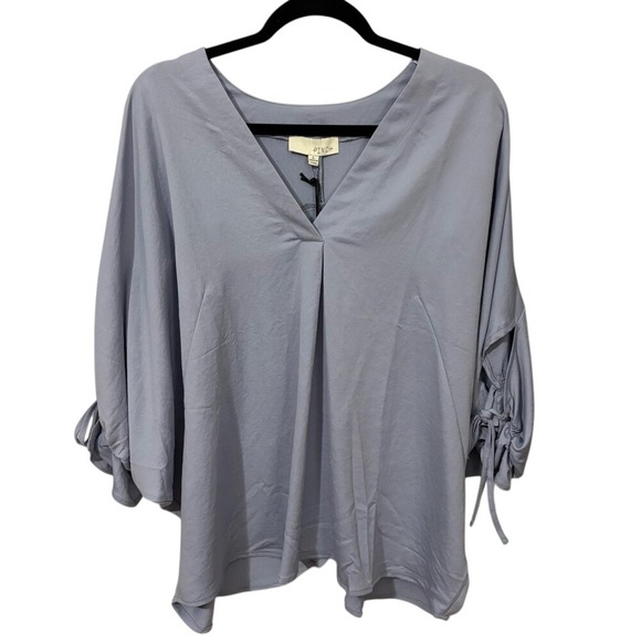 Pinch Tops - Pinch Blue Tie Bow Sleeve Relaxed Blouse V Neck